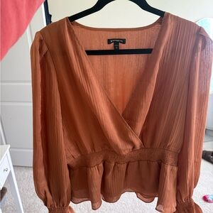 Express Burnt Orange Long-Sleeve Surplice Peplum Blouse